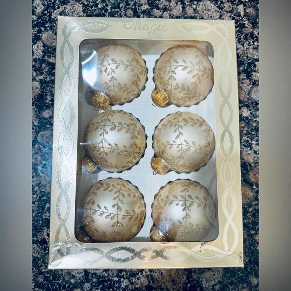 Vintage lot of 6 fairy balls made in USA. Christmas decorations, warm gold